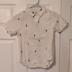 Cat & Jack Cream Embroidered Christmas Button Down Shirt Short Sleeve